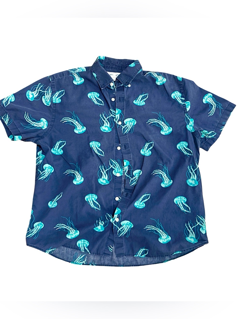 Old Navy Navy Blue Short-Sleeve Button-Down with Teal Jellyfish Print